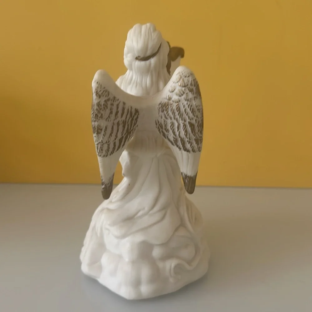 Set of 2 White Ceramic Angel Figurines w/ Harp and Violin Table Décor Sculptures